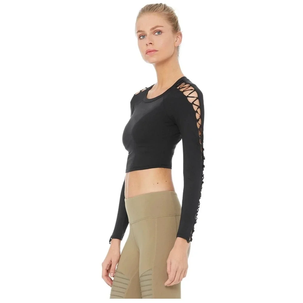 Alo Yoga Entwine Long Sleeve Crop Top Black Lace Up Sleeve Medium